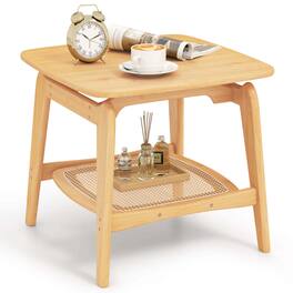 Costway - 1 PCS Bamboo Sofa Side Table with Faux Rattan Storage Shelf Boho End Table Living Room - Natural
