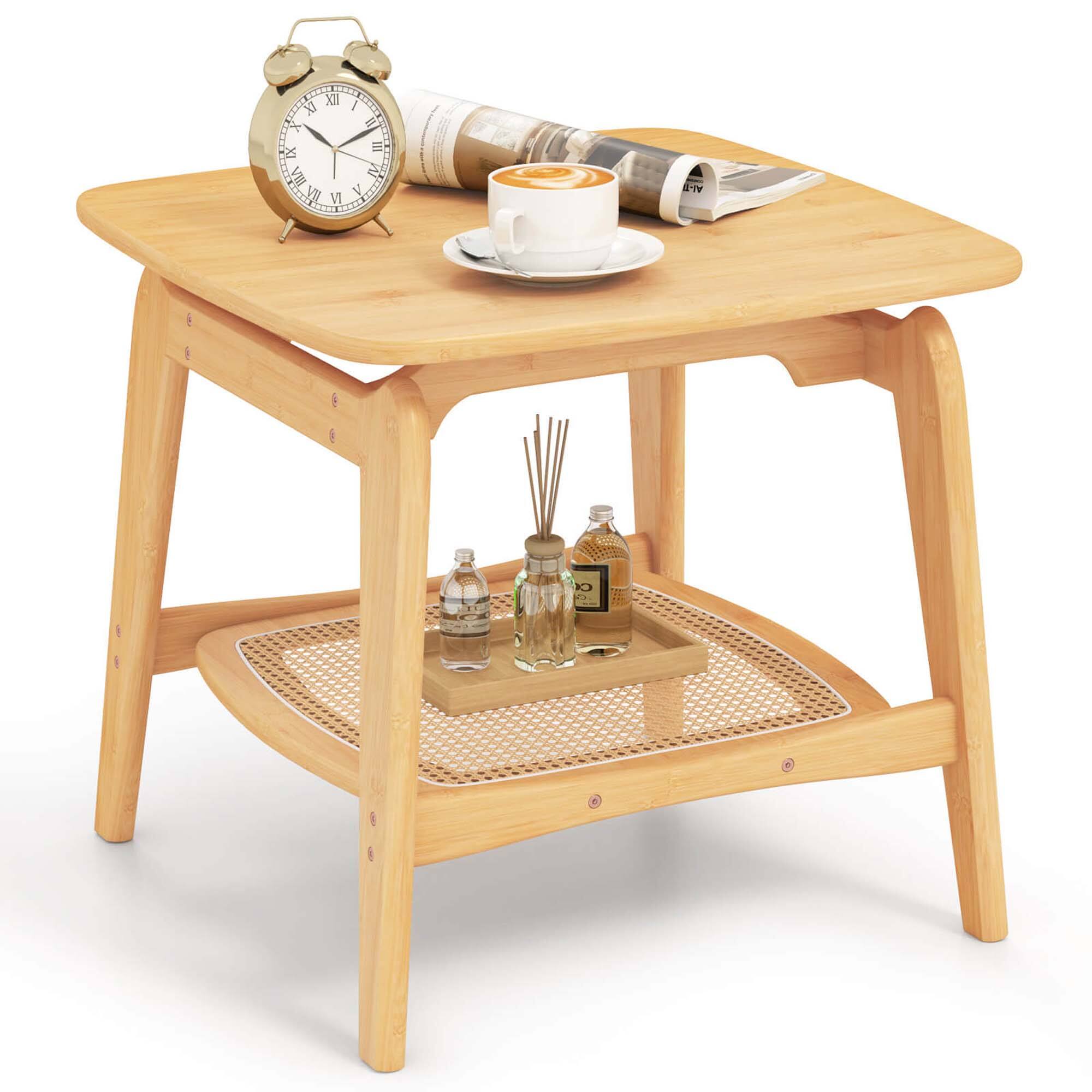 Front. Costway - 1 PCS Bamboo Sofa Side Table with Faux Rattan Storage Shelf Boho End Table Living Room - Natural.