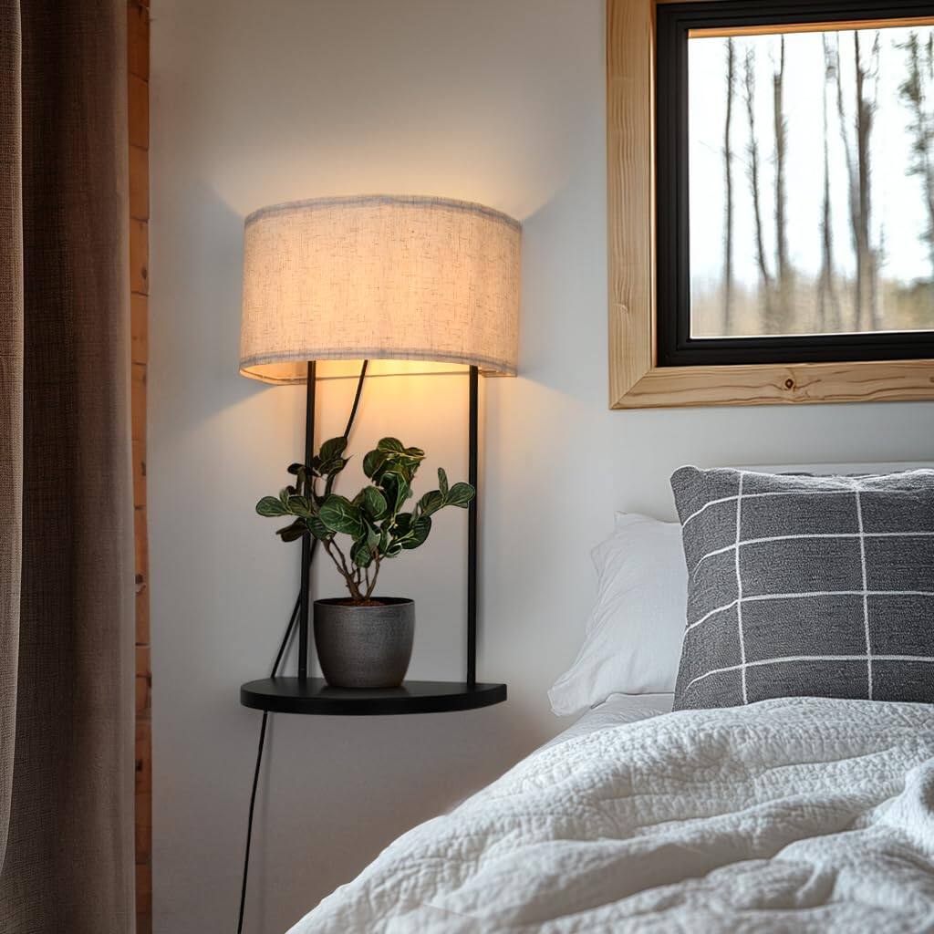 Alt View 1. TECH SAFARI - Plug In Wall Sconce With Shelf Modern Lamp For Bedroom And Living Room Linen Fabric Shade Light Ideal Bedsi - Beige.