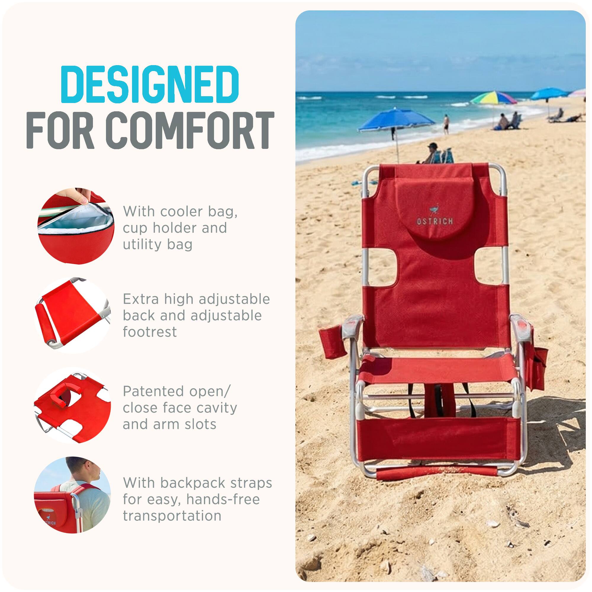 DESIGNED FOR COMFORT

- With cooler bag, cup holder and utility bag
- Extra high adjustable back and adjustable footrest
- Patented open/close face cavity and arm slots
- With backpack straps for easy, hands-free transportation