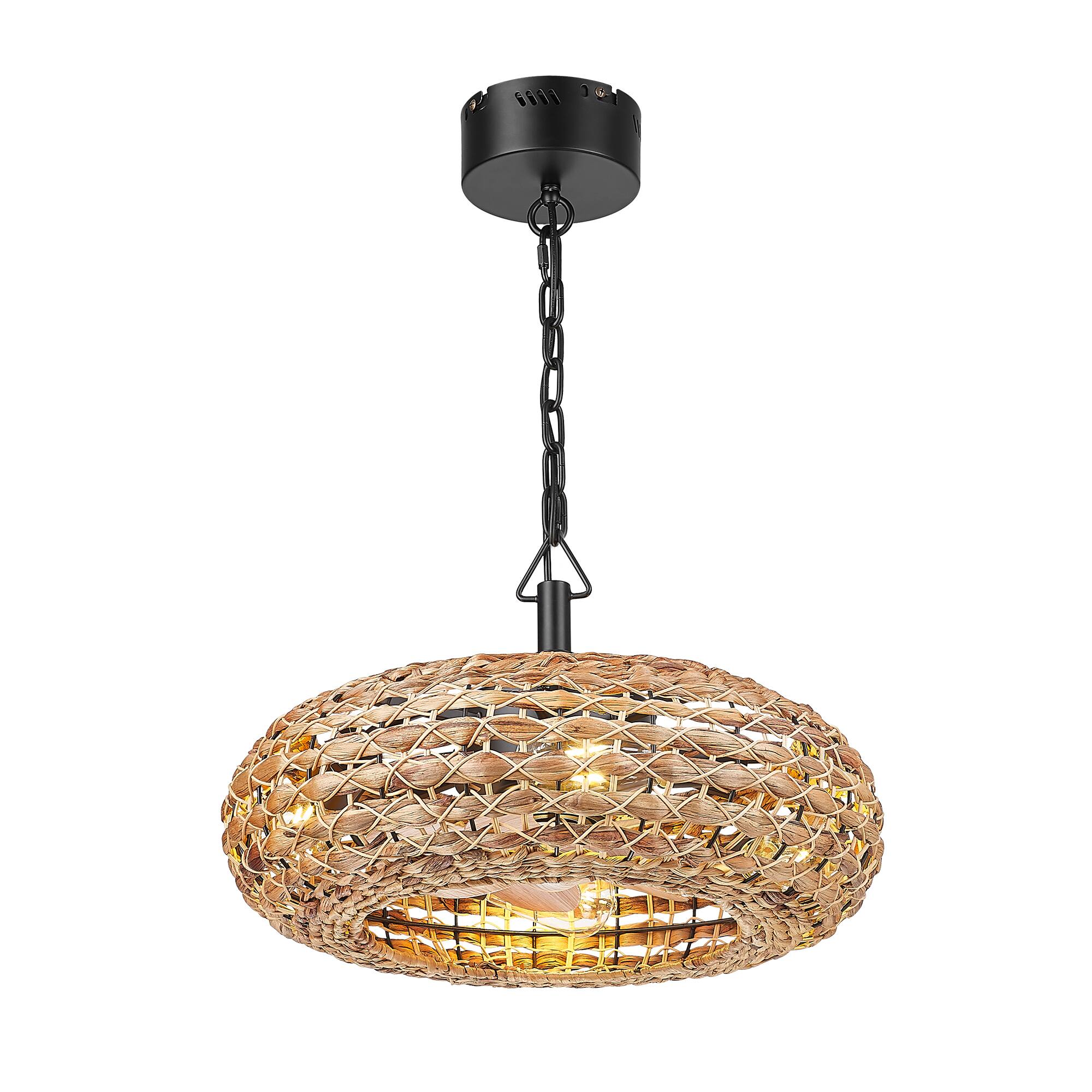 Front. JAZAVA - 20 in. Indoor Rattan 100-240 V Low Profile Farmhouse Rattan Cage Ceiling Fan with Light - Bronw.