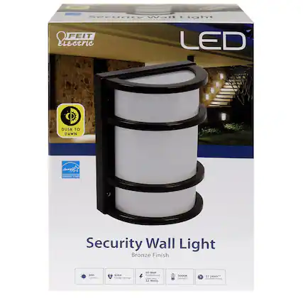 Security Wall Light
FEIT Electric LED Dusk to Dawn
ENERGY STAR
Bronze Finish
60 Watt Equivalent
12 Watts
5000K Daylight
500 Lumens
$264 Energy Savings
17 Years (50,000 Hours)
