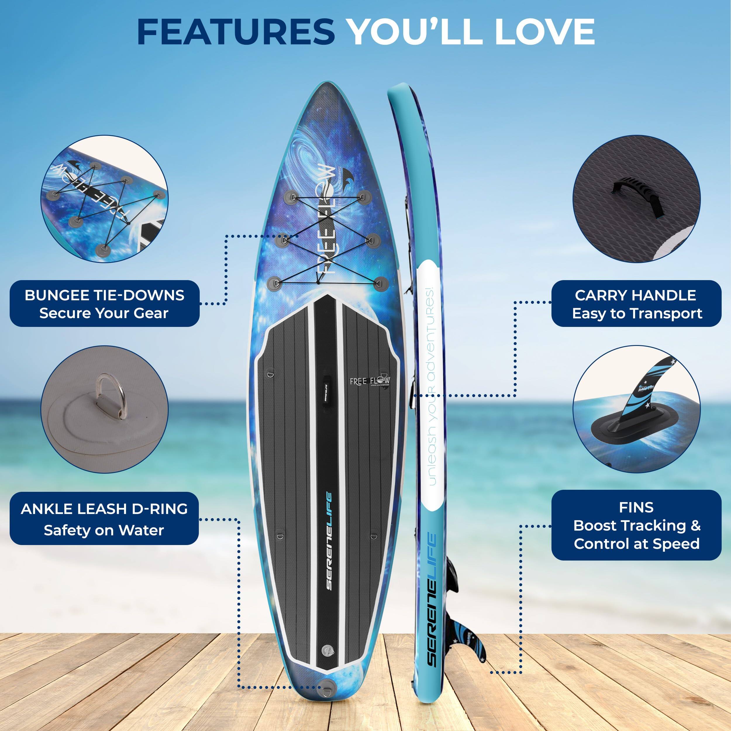 FEATURES YOU'LL LOVE

- BUNGEE TIE-DOWNS Secure Your Gear
- ANKLE LEASH D-RING Safety on Water
- CARRY HANDLE Easy to Transport
- FINS Boost Tracking & Control at Speed