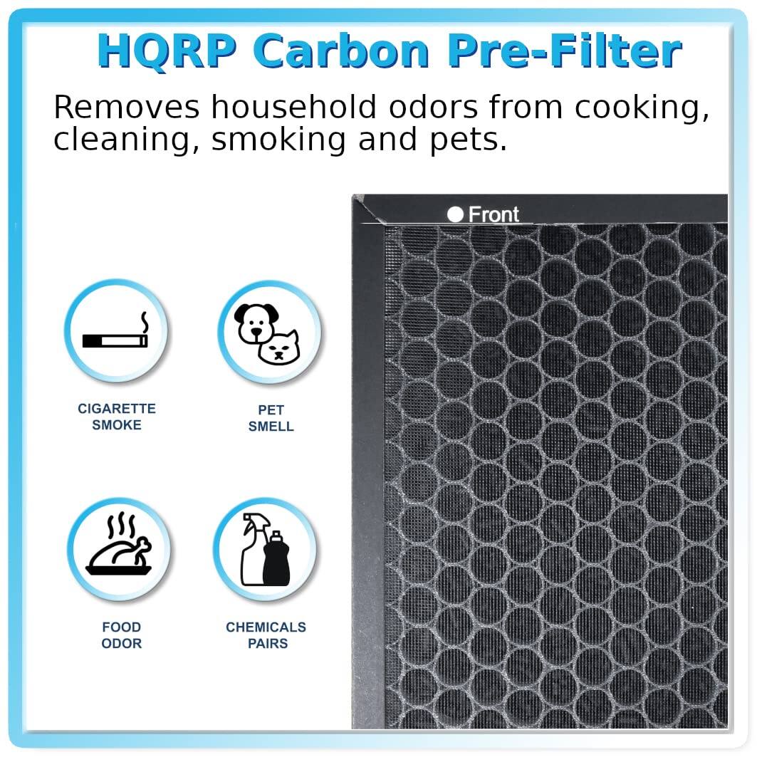 HQRP Carbon Pre-Filter  
Removes household odors from cooking, cleaning, smoking and pets.  

Front  
CIGARETTE SMOKE  
PET SMELL  
FOOD ODOR  
CHEMICALS PAIRS