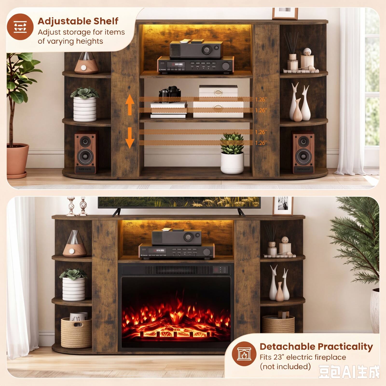 Adjustable Shelf  
Adjust storage for items of varying heights

1.26"  
1.26"  
1.26"  
1.26"

Detachable Practicality  
Fits 23" electric fireplace (not included)