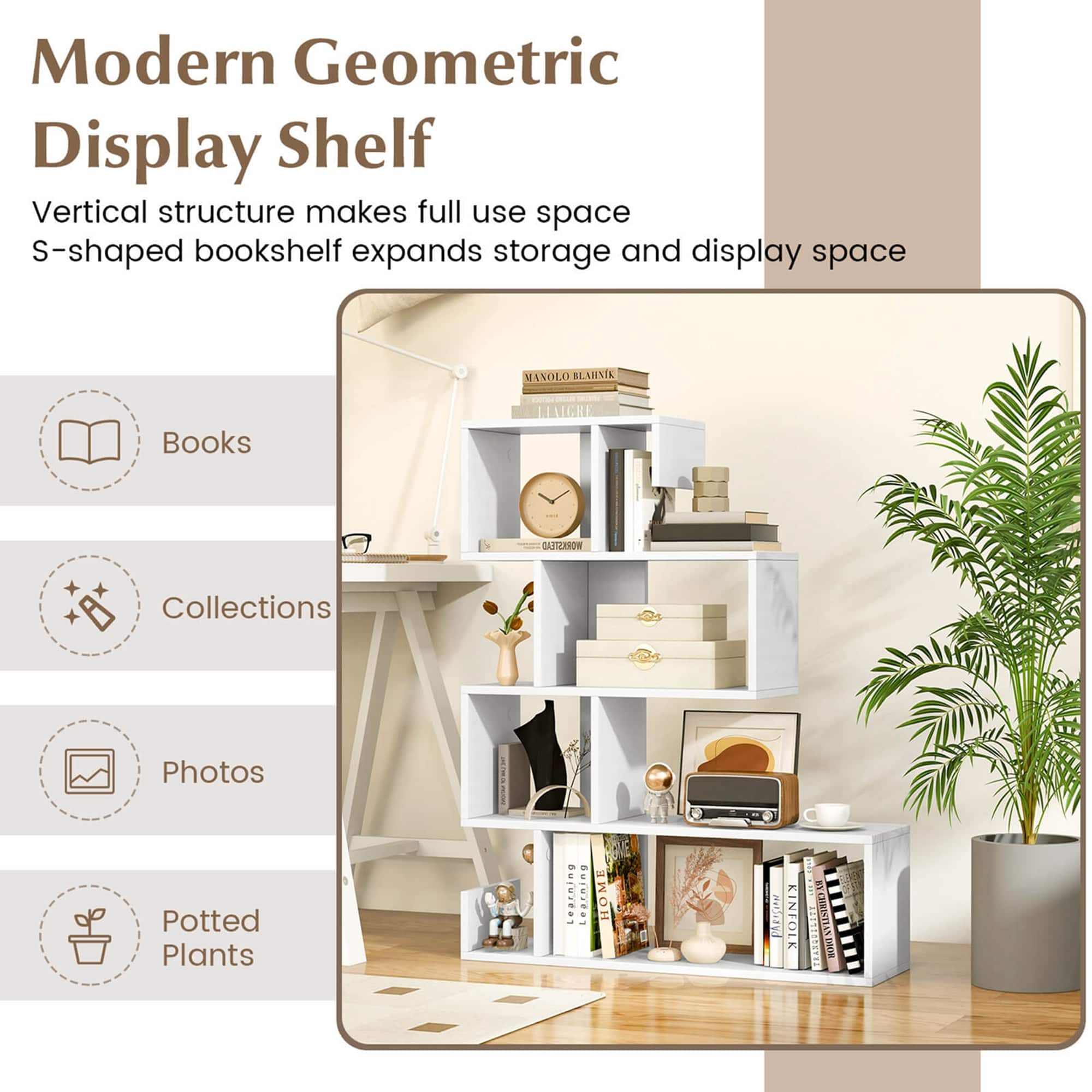 Modern Geometric Display Shelf: Vertical structure makes full use of space. S-shaped bookshelf expands storage and display space.