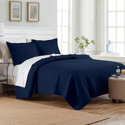 Front. Dan River - Dan River 3 Piece Basket Pinsonic 1 quilt 2 shams - Navy.