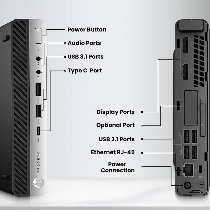 - Power Button
- Audio Ports
- USB 3.1 Ports
- Type C Port
- Display Ports
- Optional Port
- USB 3.1 Ports
- Ethernet RJ-45
- Power Connection