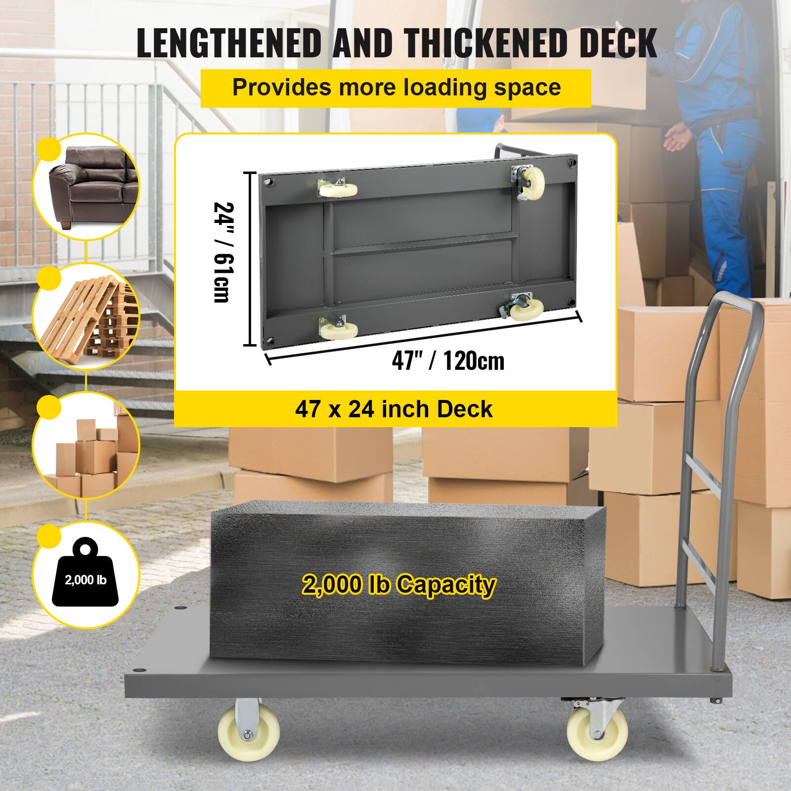 LENGTHENED AND THICKENED DECK  
Provides more loading space  

47" / 120cm  
24" / 61cm  

47 x 24 inch Deck  

2,000 lb Capacity