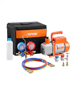 VEVOR - 3.5 CFM AC Vacuum Pump and Gauge Set, Single Stage Rotary Vane HVAC Air Vacuum Pump, A/C Refrigerant Manifold Gauge Kit - Orange;Silver