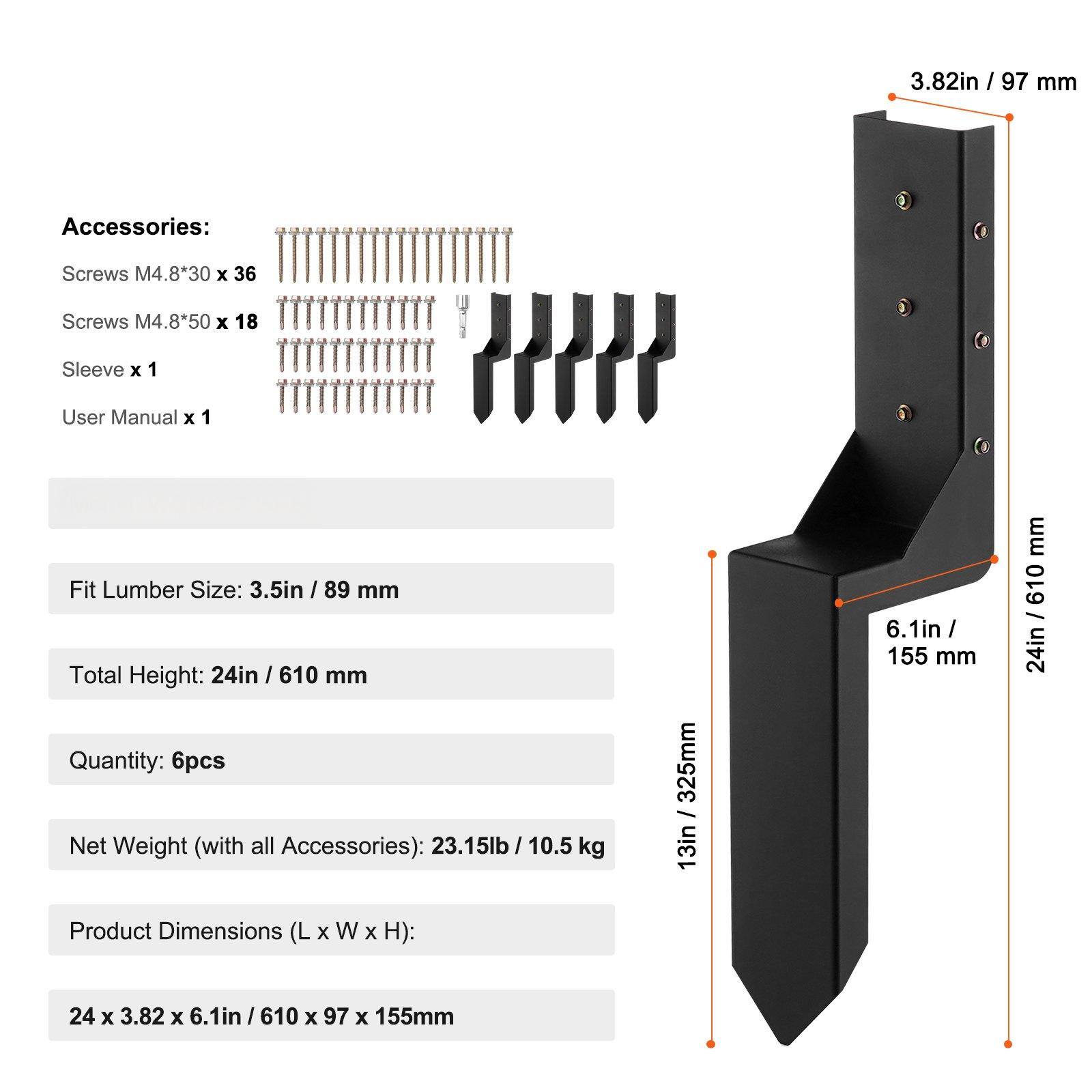 **Accessories:**
- Screws M4.8*30 x 36
- Screws M4.8*50 x 18
- Sleeve x 1
- User Manual x 1

**Fit Lumber Size:** 3.5in / 89 mm

**Total Height:** 24in / 610 mm

**Quantity:** 6pcs

**Net Weight (with all Accessories):** 23.15lb / 10.5 kg

**Product Dimensions (L x W x H):** 24 x 3.82 x 6.1in / 610 x 97 x 155mm

**Additional Dimensions:**
- 3.82in / 97 mm
- 6.1in / 155 mm
- 13in / 325mm