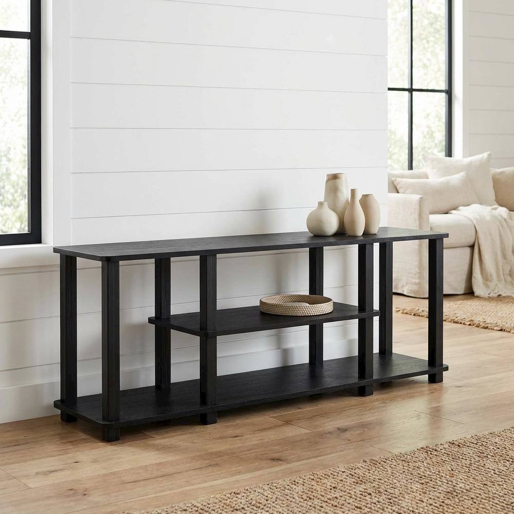 Alt View 1. FurniFact - Black wood TV stand,  3-tier design, square tube frame, entertainment setup - Brown.