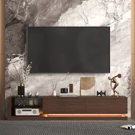 Famapy - Modern 89" Floating TV Stand with LED Lights, Tempered Glass Shelves, Media Console for 75 Inch TVs - Wooden