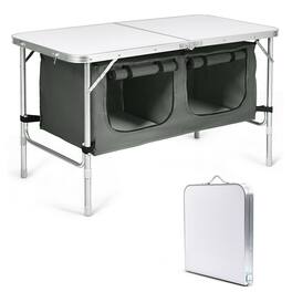 Gymax - Folding Camping Table Aluminum Height Adjustable w/ Storage Organizer Grey - White + Grey