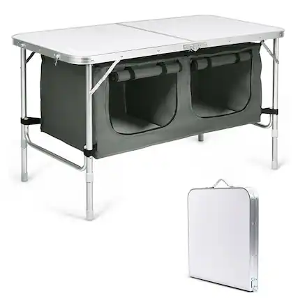 Front. Gymax - Gymax Folding Camping Table Aluminum Height Adjustable w/ Storage Organizer Grey - White + Grey.