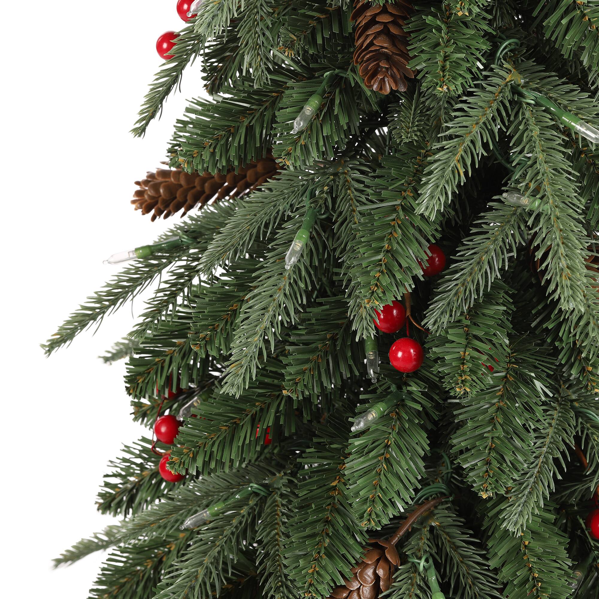 Alt View 5. Glitzhome - 6ft Pre-lit Green Artificial Christmas Porch Tree, red berries,pinecones, 180 warm white lights,3 function, Foot Pedal - Green.
