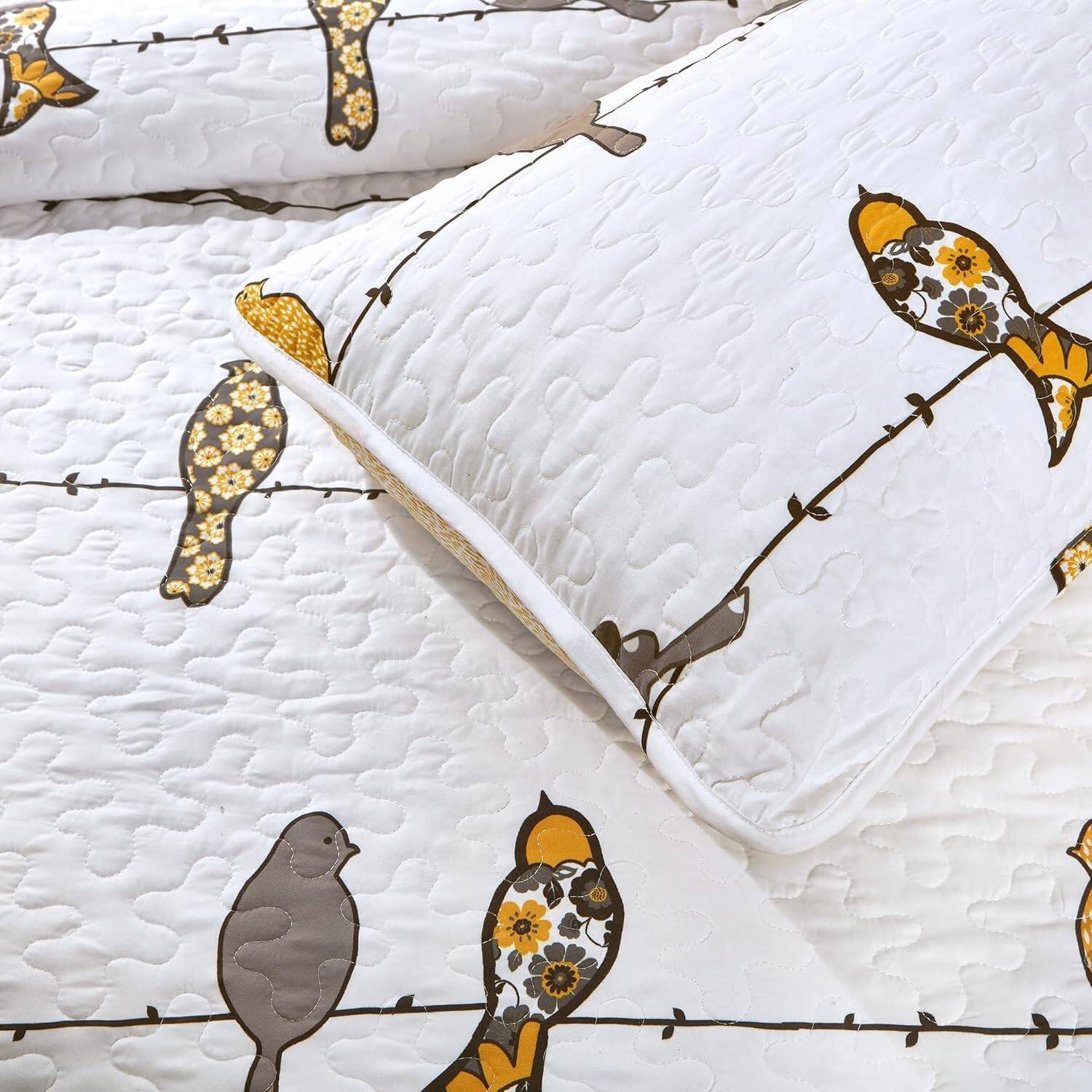 Left. Hivvago - King size Yellow Brown Grey Floral Birds On Wire Lightweight 7 Piece Quilt Set - Yellow, Brown, Grey.