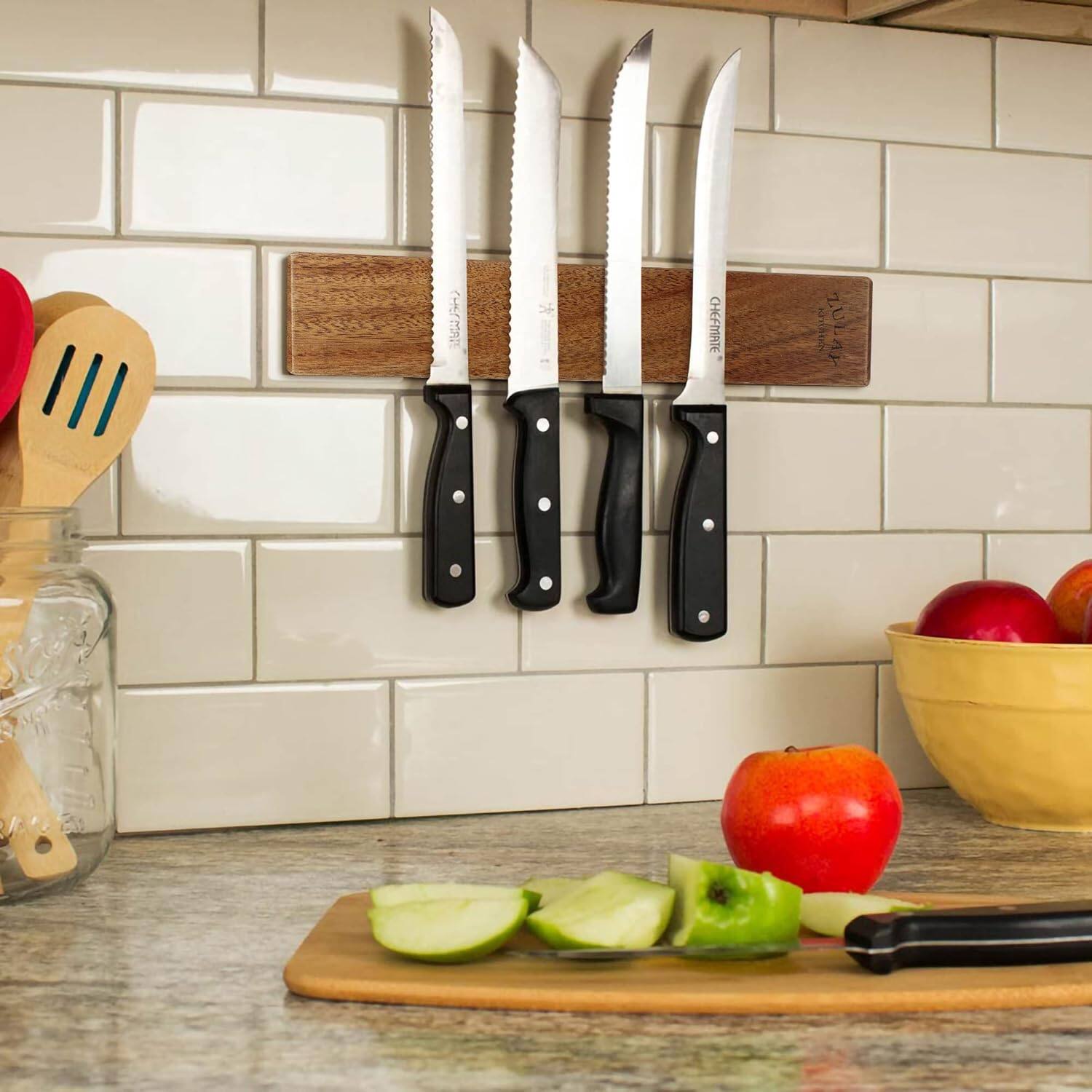 Angle. Zulay Kitchen - Zulay Kitchen 11.75" Seamless Acacia Wood Magnetic Knife Holder - Acacia.