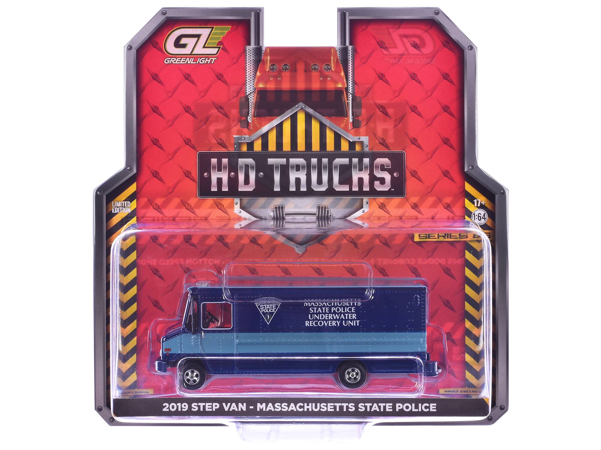 GL GREENLIGHT  
LIMITED EDITION  
HD TRUCKS  
17+  
1:64  
SERIES 04  
SPEED NOTTON  
CORONET DODGE  
a0  
B  
STATE POLICE  
AJ  
STATE POLICE  
UNDERWATER RECOVERY UNIT  
ds  
SOIT  
aaied  
2019 STEP VAN - MASSACHUSETTS STATE POLICE