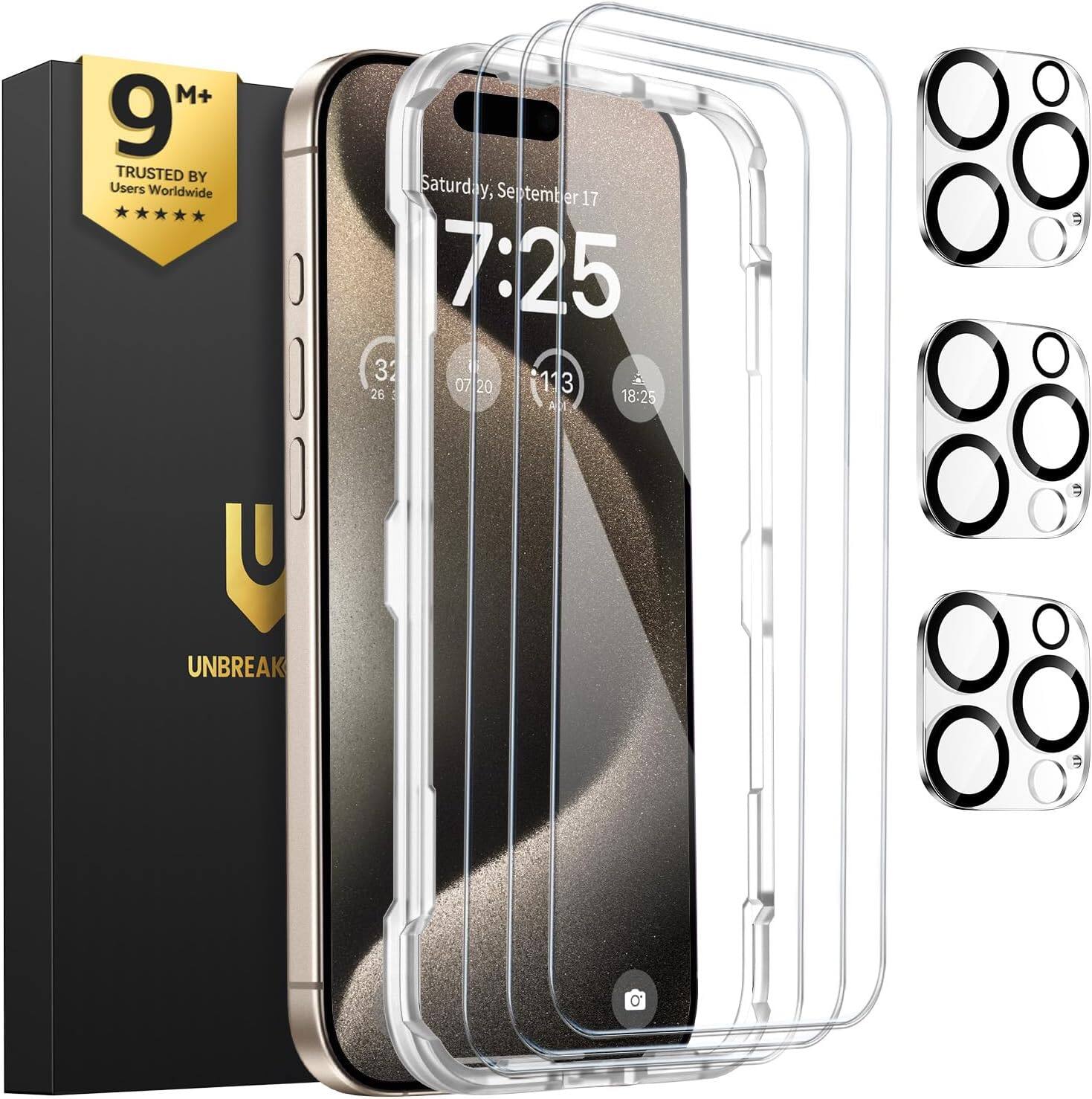 UNBREAKcable - 3-Pack Screen Protector Tempered Glass with 3 Camera Lens Protectors for iPhone 15 Pro Max - Clear