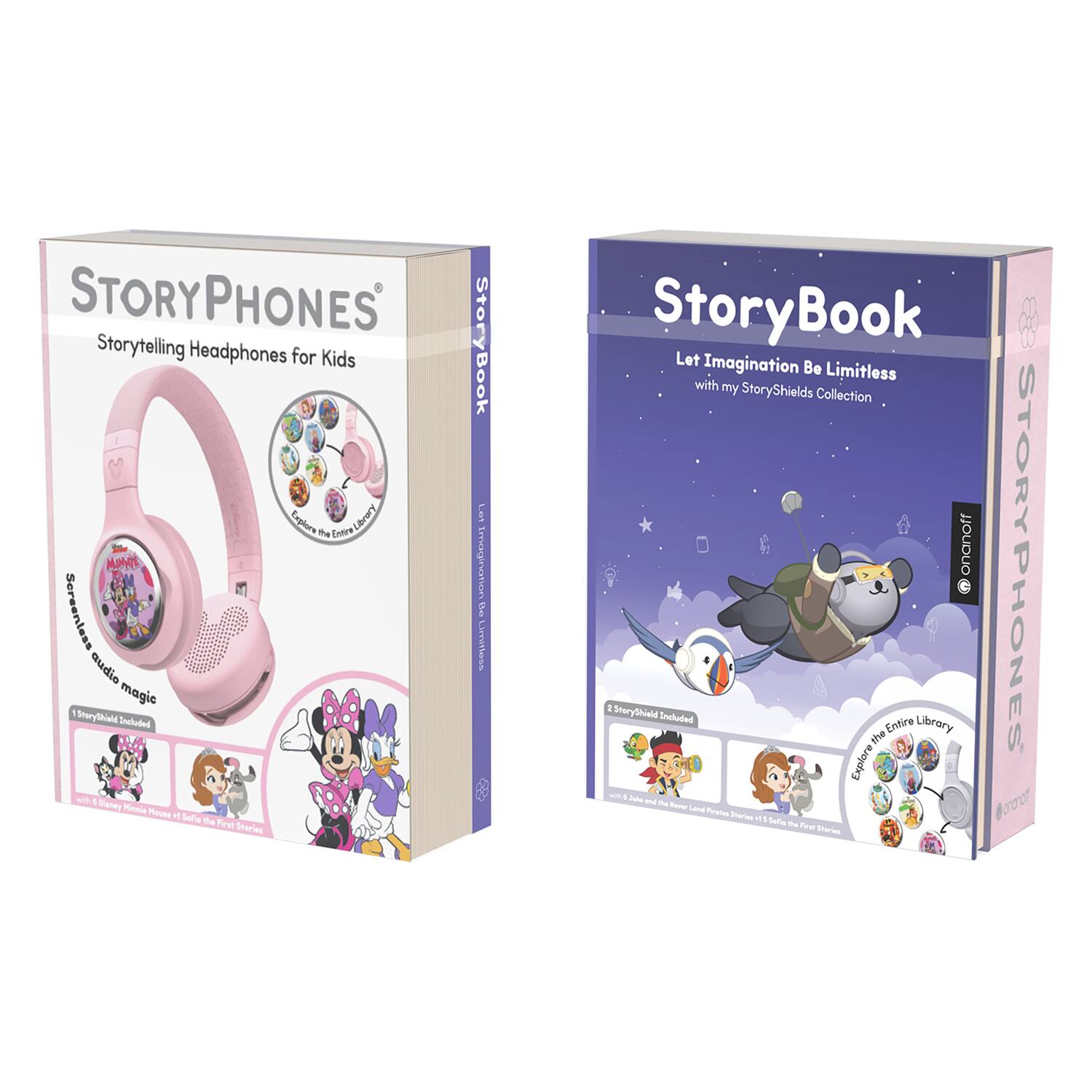 **STORYPHONES**  
Storytelling Headphones for Kids  
Screenless audio magic  
1 StoryShield Included  
Disney Princesses & Sofia the First Stories  

**StoryBook**  
Let Imagination Be Limitless  
with my StoryShields Collection  
2 StoryShields Included  
Explore the Entire Library  
Disney Princesses & Sofia the First Stories