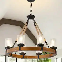 RYHNUYNE - 8 Light Rustic Wagon Wheel Chandelier,Farmhouse Dining Room Light Fixture with Seeded Glass Shade,Round Wood Chandelier - Brown