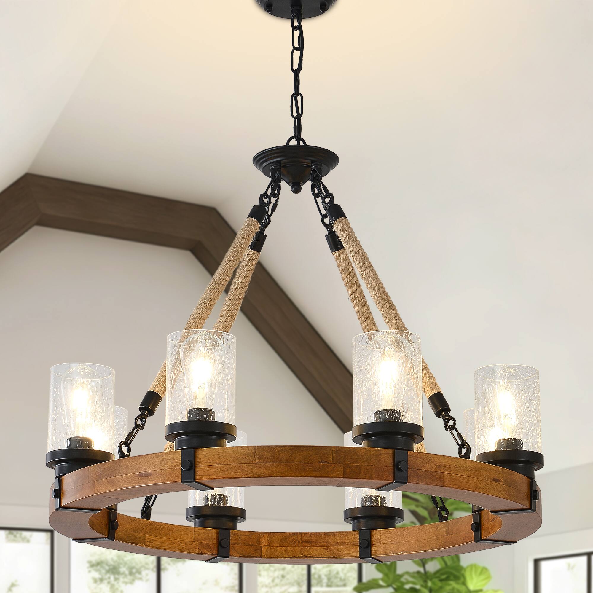 Front. RYHNUYNE - 8 Light Rustic Wagon Wheel Chandelier,Farmhouse Dining Room Light Fixture with Seeded Glass Shade,Round Wood Chandelier - Brown.