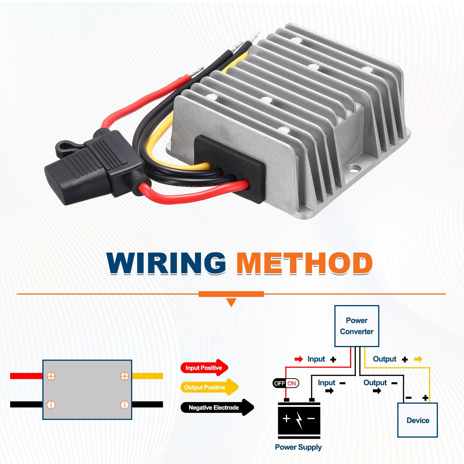 WIRING METHOD

Power Converter  
Input Positive  
Output Positive  
Negative Electrode  

Power Supply  
OFF ON  
Input +  
Output +  

Device