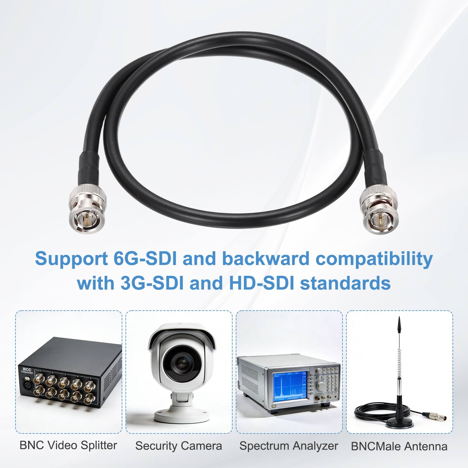 Support 6G-SDI and backward compatibility with 3G-SDI and HD-SDI standards

- BNC Video Splitter
- Security Camera
- Spectrum Analyzer
- BNC Male Antenna