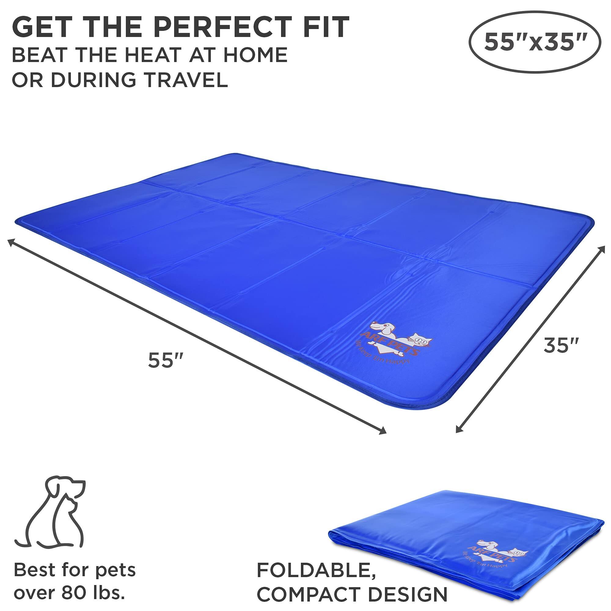 GET THE PERFECT FIT BEAT THE HEAT AT HOME OR DURING TRAVEL 55"x35" Best for pets over 80 lbs. FOLDABLE, COMPACT DESIGN 55" 35"