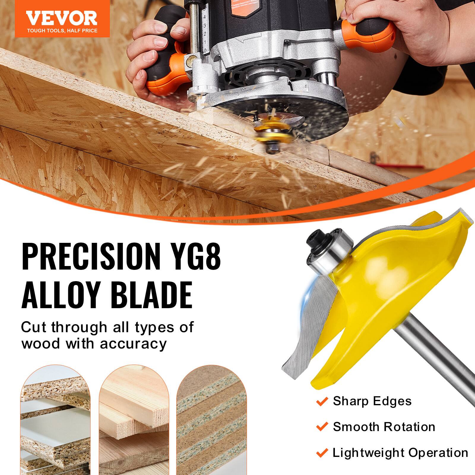 VEVOR  
TOUGH TOOLS, HALF PRICE  

PRECISION YG8 ALLOY BLADE  
Cut through all types of wood with accuracy  

- Sharp Edges  
- Smooth Rotation  
- Lightweight Operation
