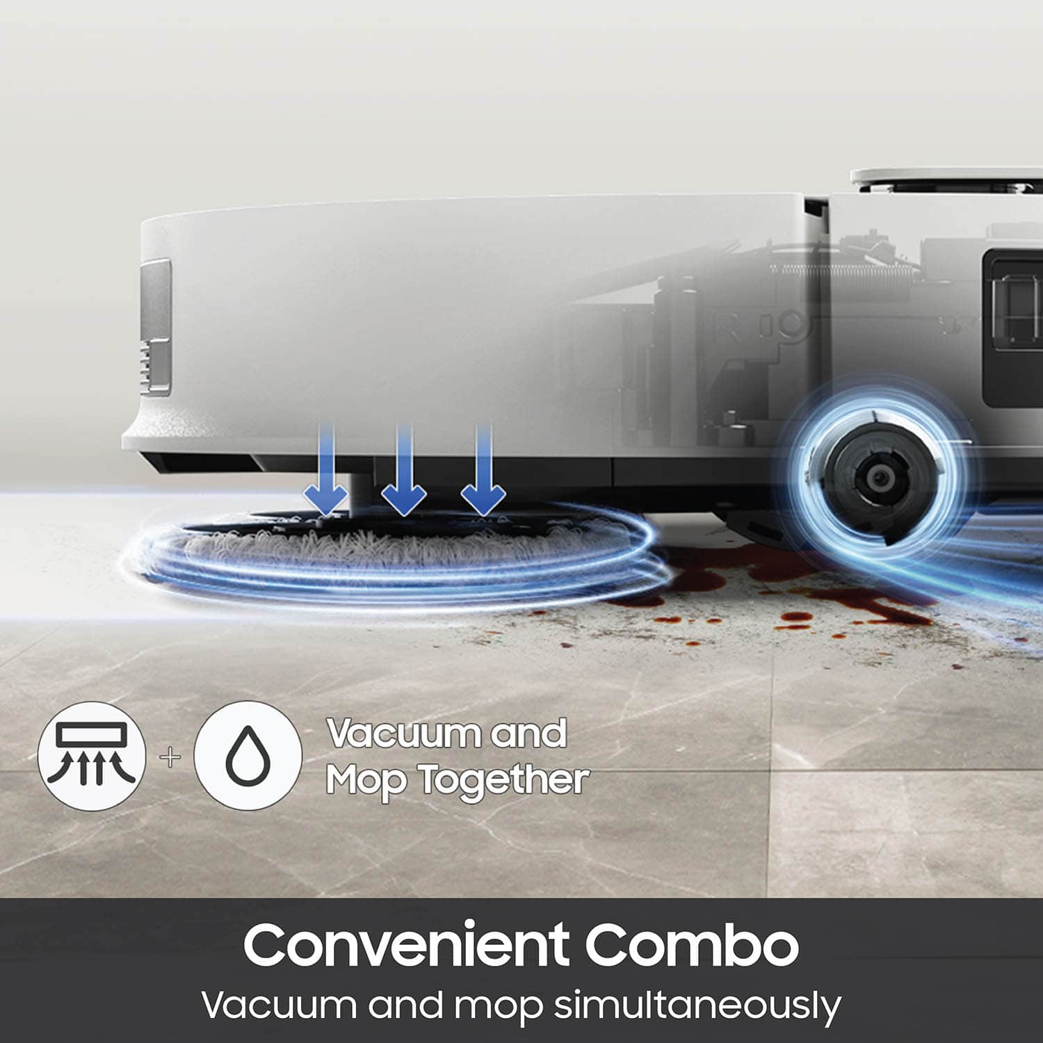 Convenient Combo: Vacuum and mop together simultaneously.