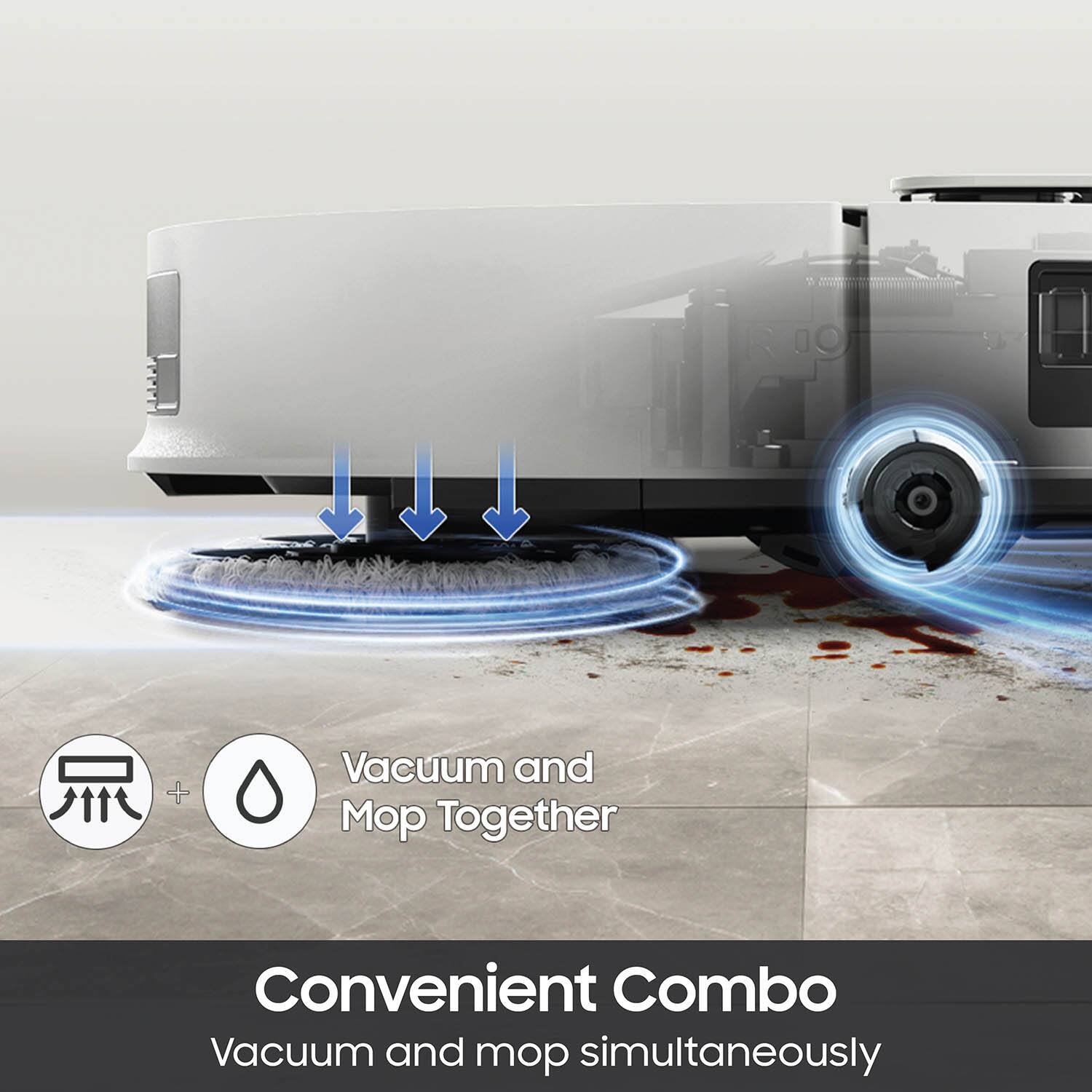 Convenient Combo: Vacuum and mop together simultaneously.
