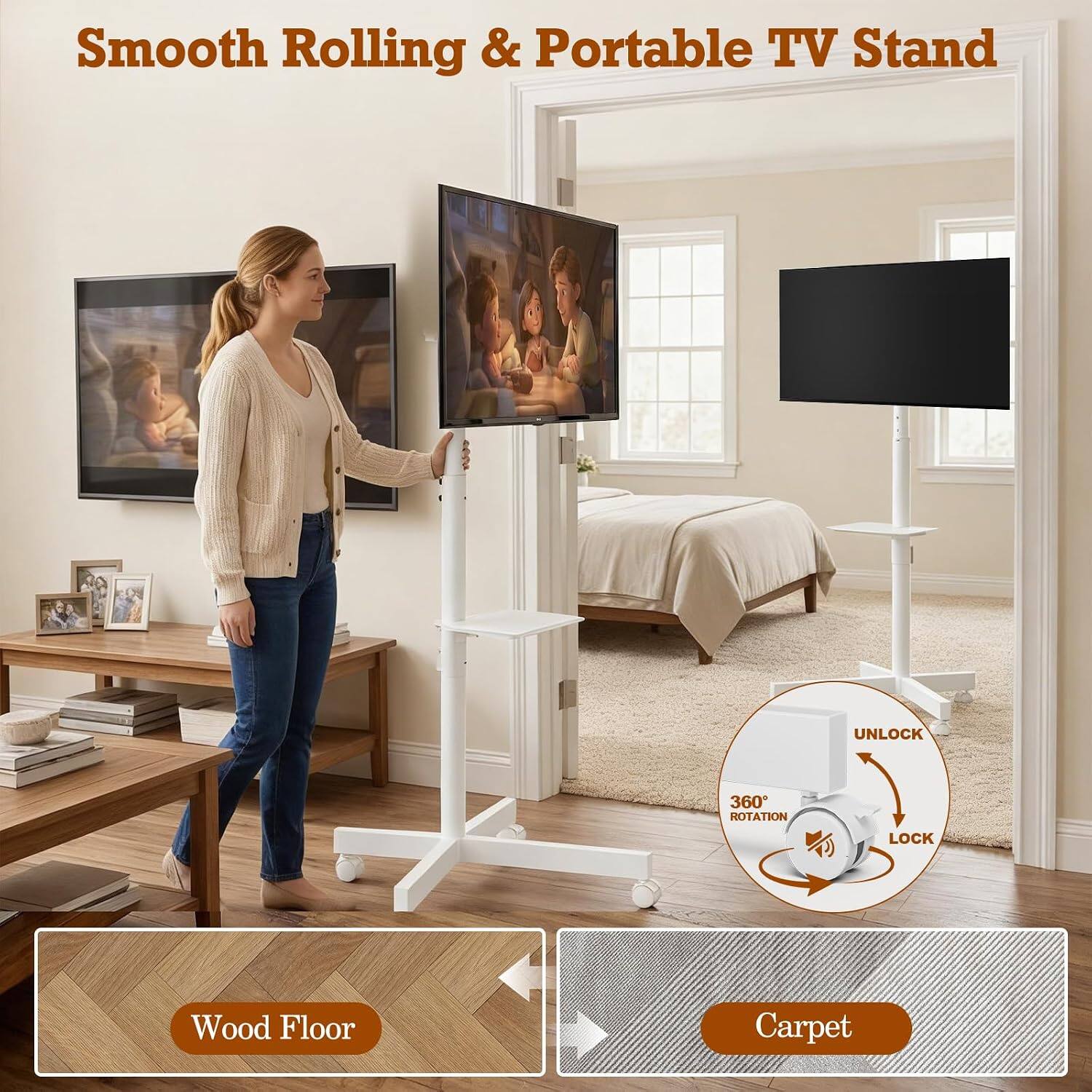 Smooth Rolling & Portable TV Stand  
UNLOCK 360° ROTATION LOCK  
Wood Floor Carpet
