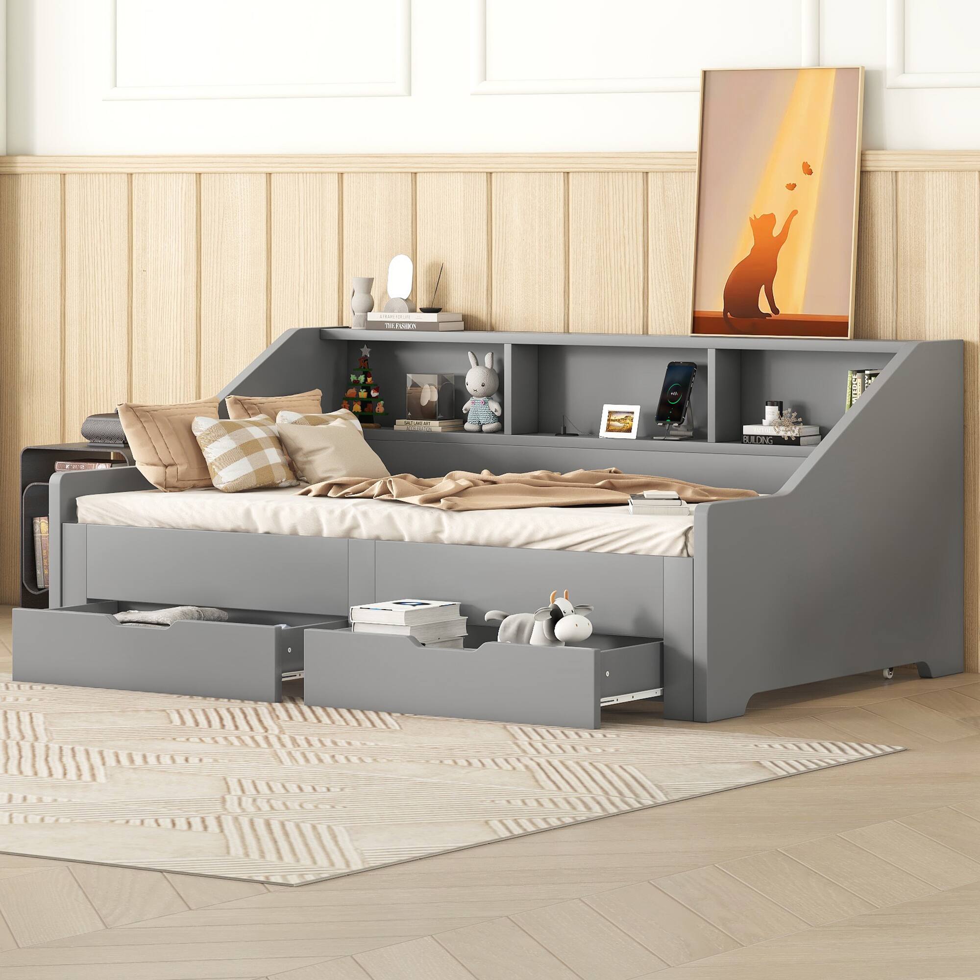 Angle. Tiramisubest - Twin to King Size Daybed Frame with Storage Bookcases and Two Drawers,Charging Design,Gray - Gray.