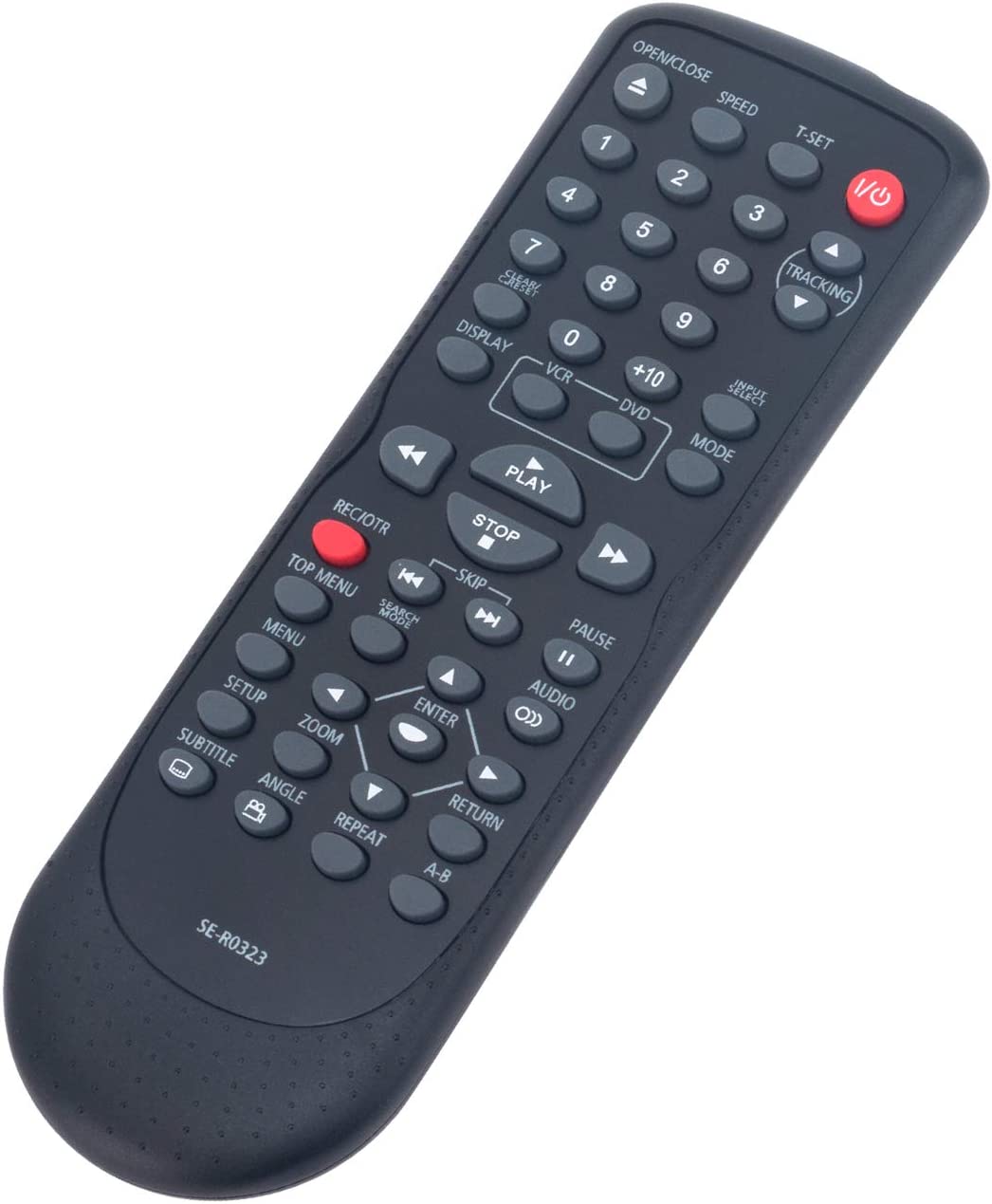 OPEN/CLOSE SPEED 1 T-SET 2 4 F 3 5 7 6 CLEAR 8 TRACKING 9 DISPLAY 0 VCR +10 DVD MODE PLAY STOP REC/OTR PAUSE " SETUP AUDIO ZOOM ENTER SUBTITLE ANGLE REPEAT RETURN A-B SE-R0323