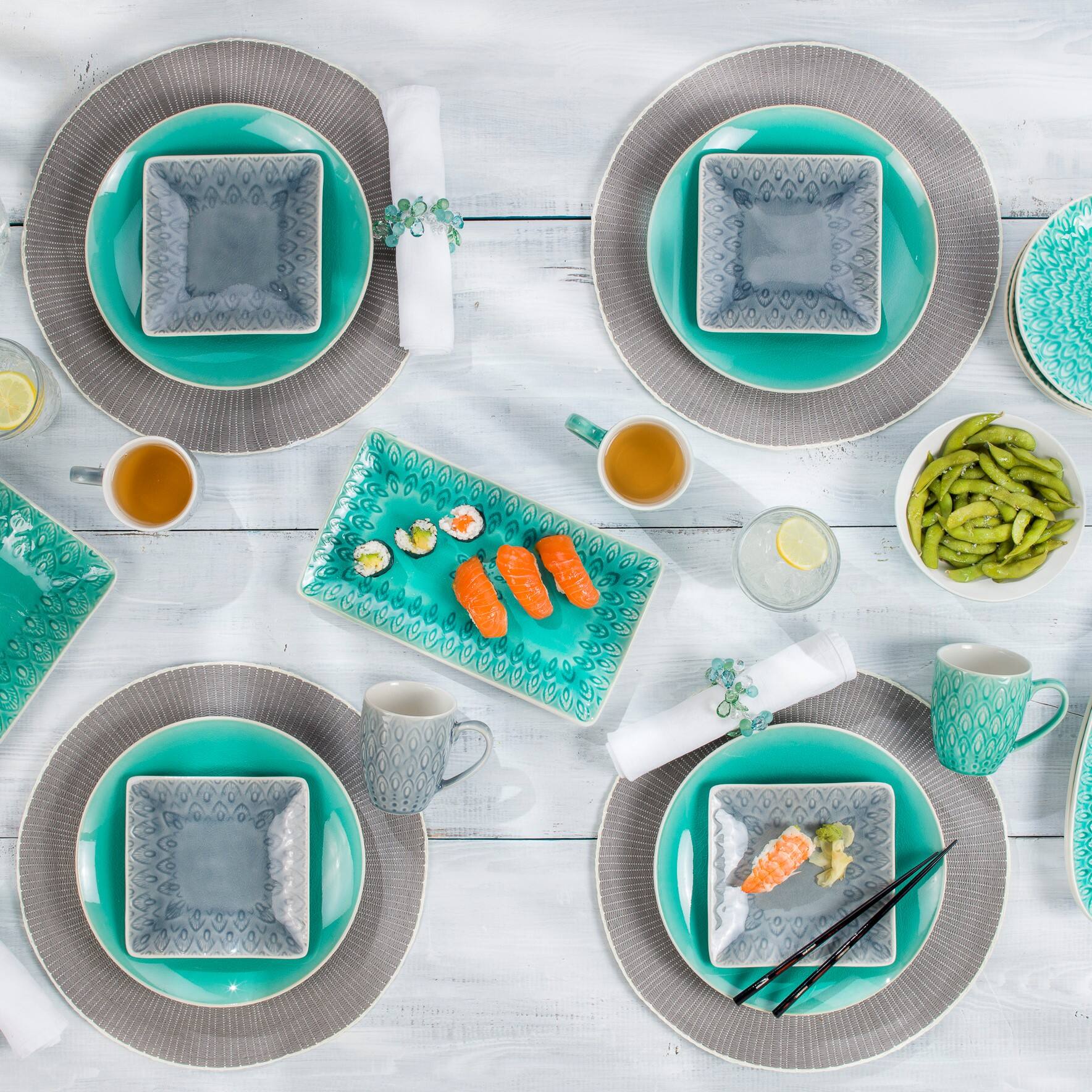 Alt View 1. Euro Ceramica Home - Peacock 4-Piece Stoneware Square Appetizer Plates Set -- Grey - Grey.