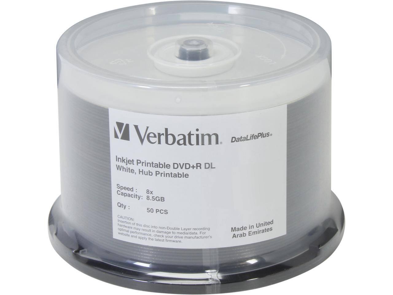 Verbatim DataLifePlus Inkjet Printable DVD+R DL White, Hub Printable  
Speed: 8x  
Capacity: 8.5GB  
Qty: 50 PCS  

CAUTION: Insertion of this disc into non-Double Layer recording hardware may result in damage to media/data. For optimal performance, check your drive manufacturer's website and apply the latest firmware.  

Made in United Arab Emirates