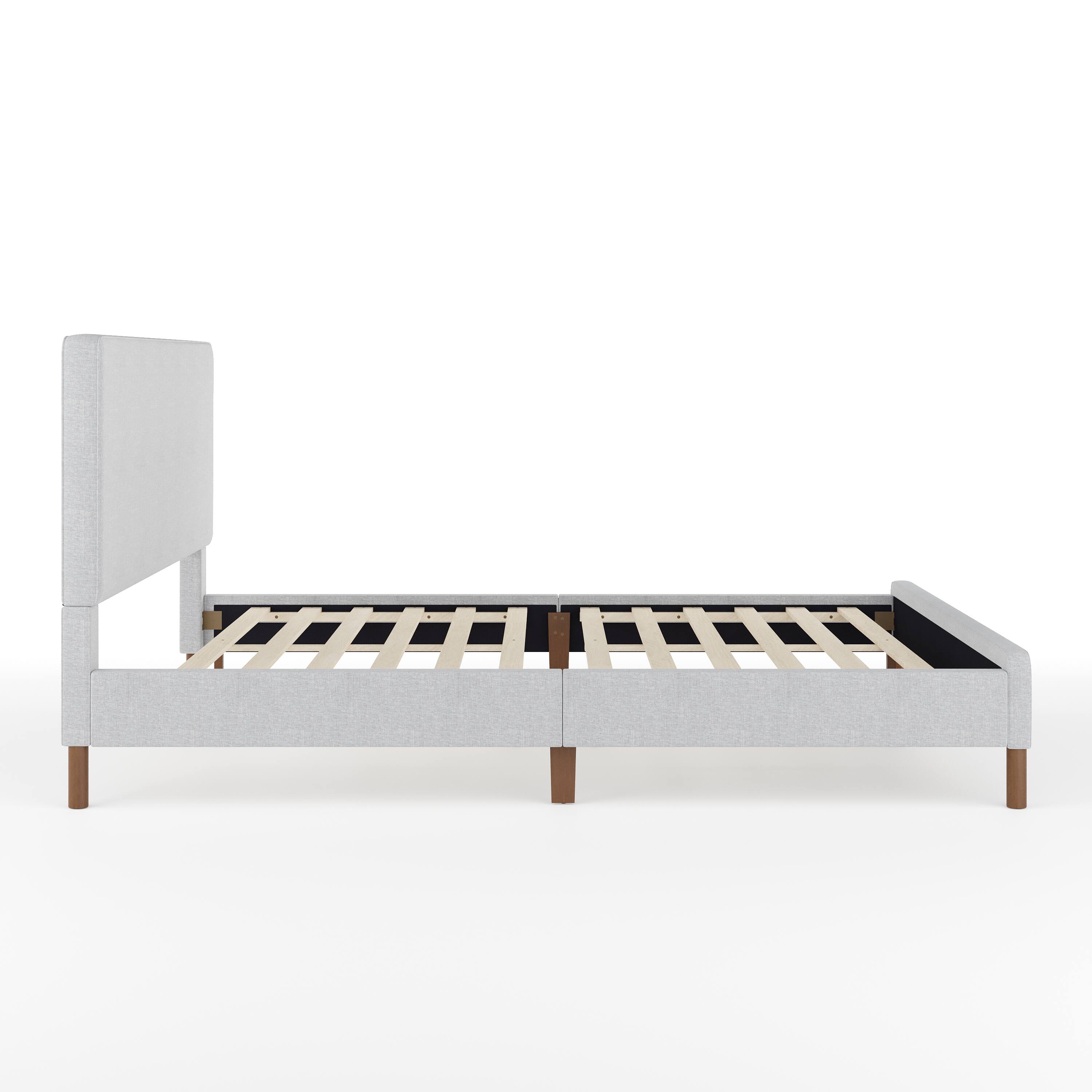 Alt View 17. Martha Stewart - Britta Faux Linen Upholstered Queen Size Platform Bed with Piped Headboard - Gray Fabric/Walnut Legs.