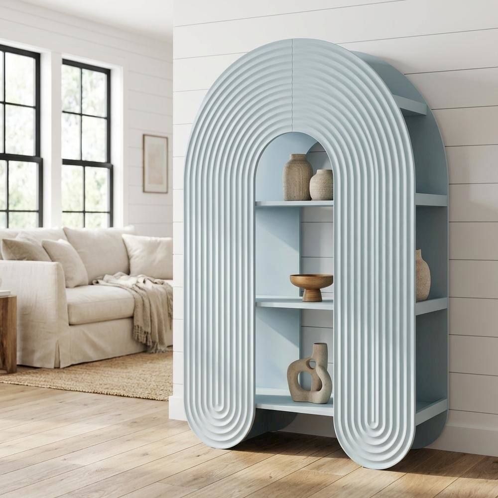 Angle. FurniFact - Blue arched bookshelf with spacious shelves and nylon textile finish - Blue.