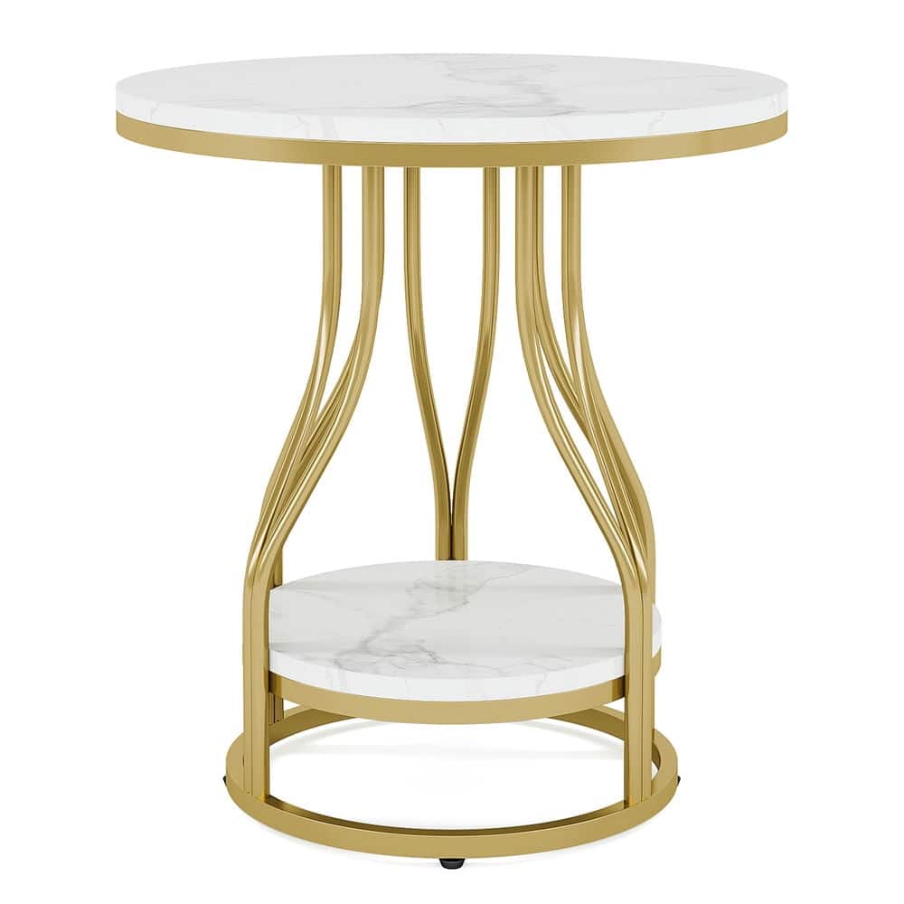 Resenkos - Kadyn Sofa Side End Table, End Table, Couch Table,2-Tier End Table, Round Sofa Side Table with Metal Frame, Gold - White