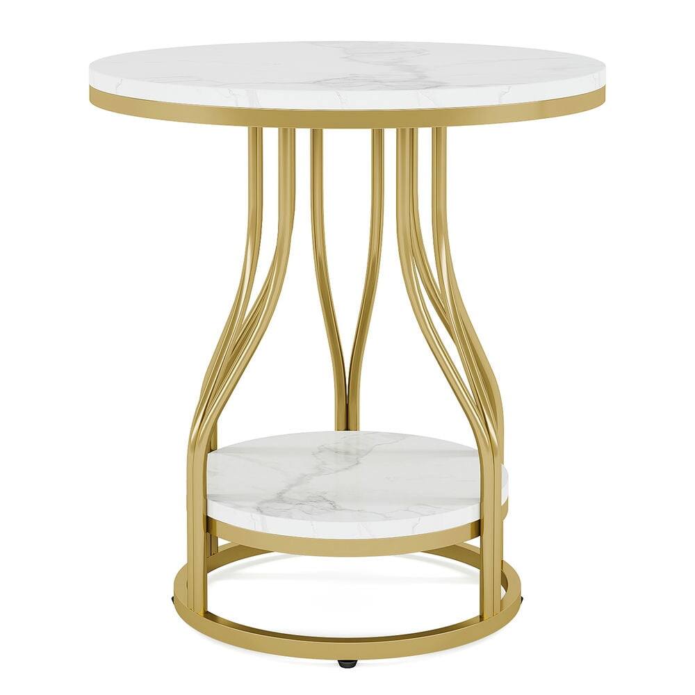 Front. Kadyn - Kadyn Sofa Side End Table, End Table, Couch Table,2-Tier End Table, Round Sofa Side Table with Metal Frame,White & Gold - White.