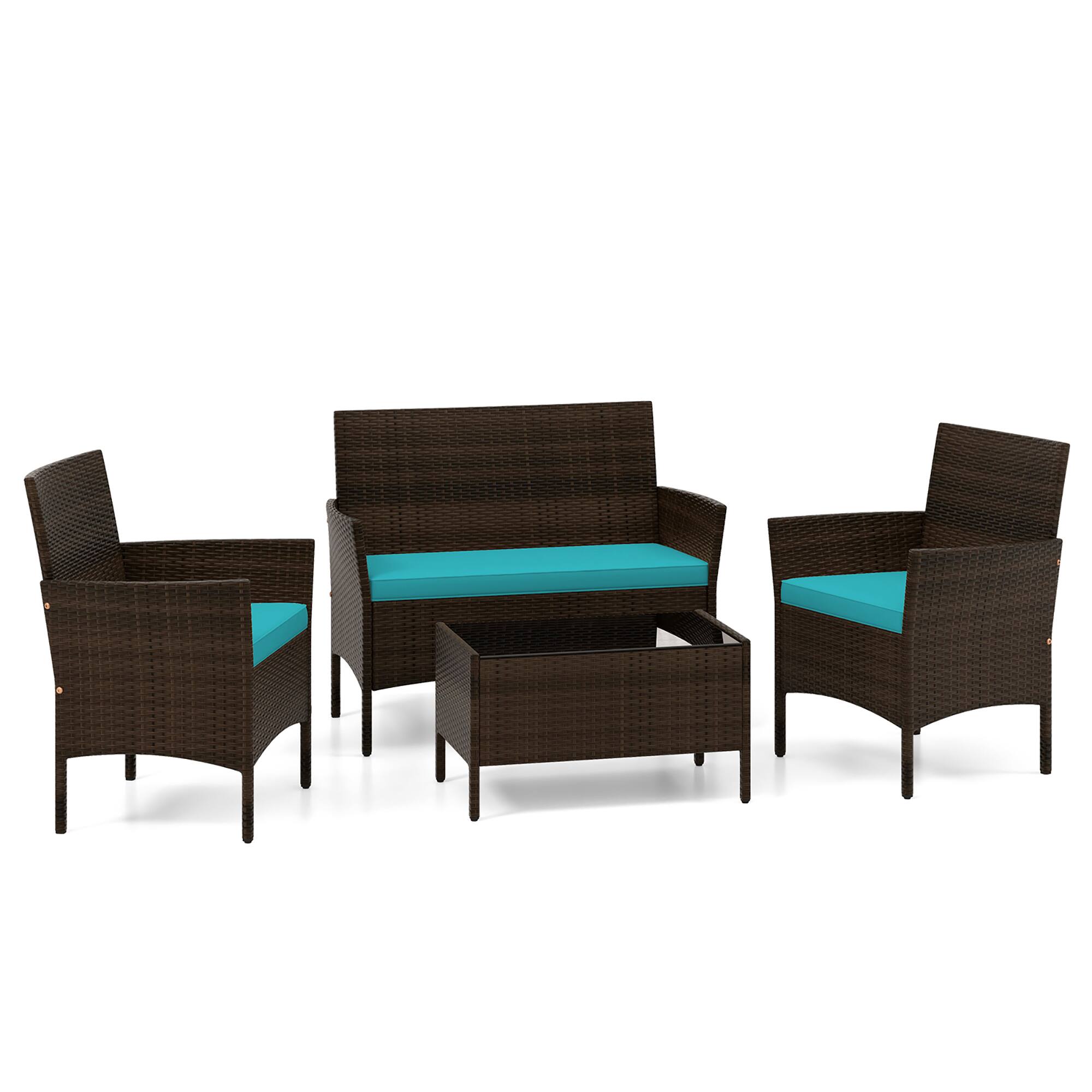 Alt View 9. Gymax - Gymax 4 Piece Patio Rattan Conversation Set Wicker Furniture Set w/ Chair Loveseat Outdoor - Mix Brown, Turquoise.