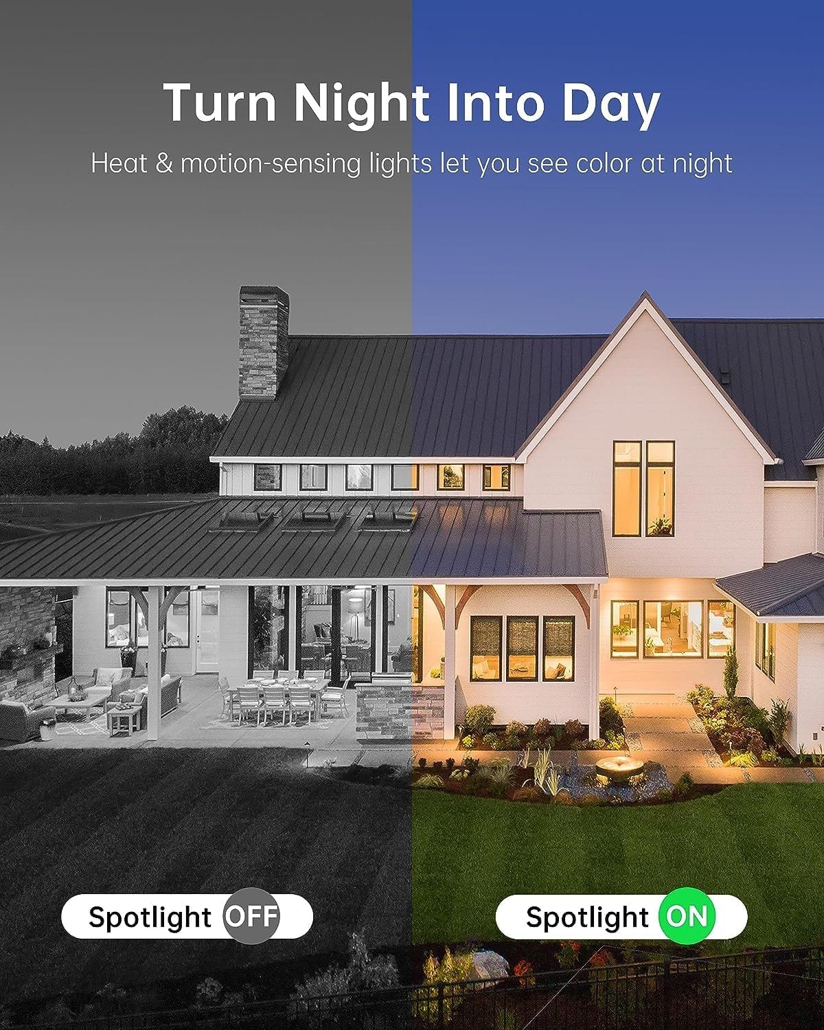 Turn Night Into Day Heat & motion-sensing lights let you see color at night I Spotlight OFF Spotlight ON