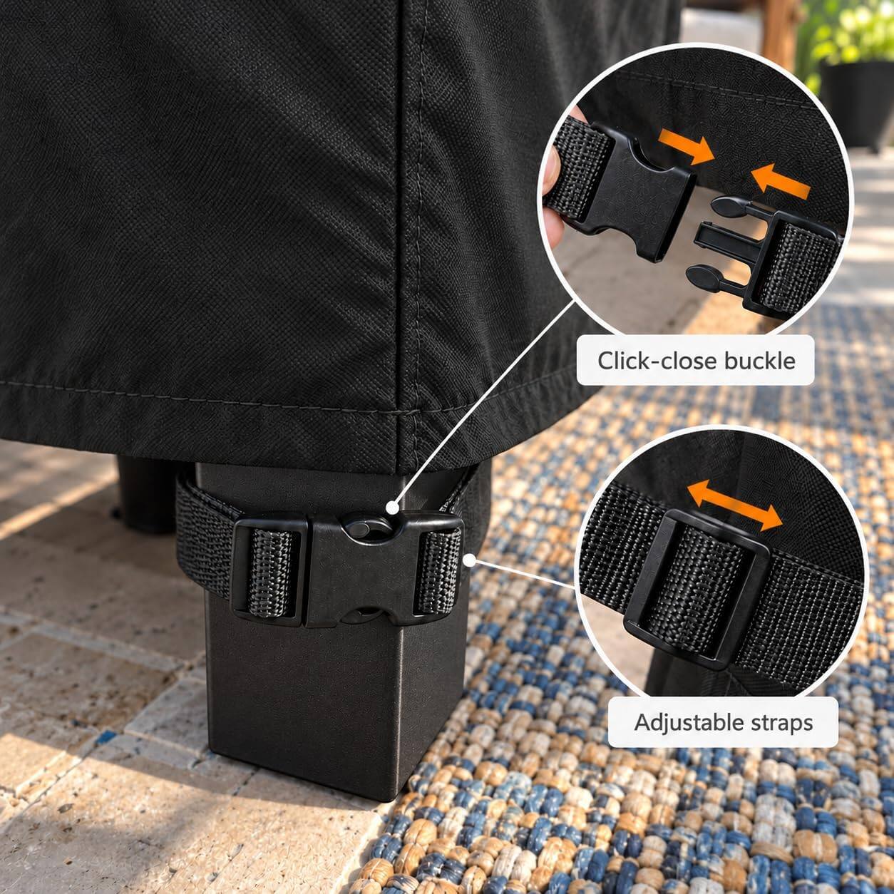 Click-close buckle  
Adjustable straps