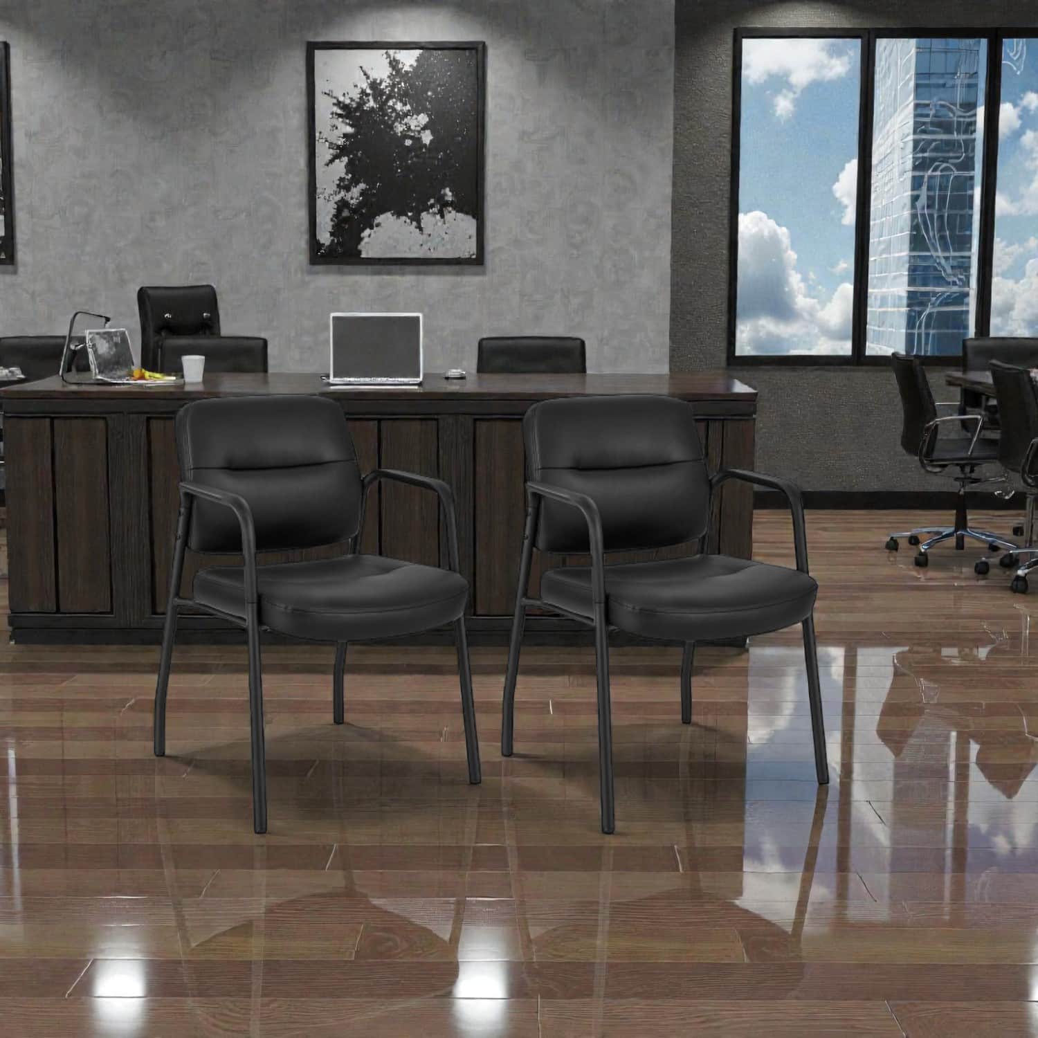 Hivvago - Reception Seating Set with 2 PU Leather Chairs and Built-In Armrests - Black