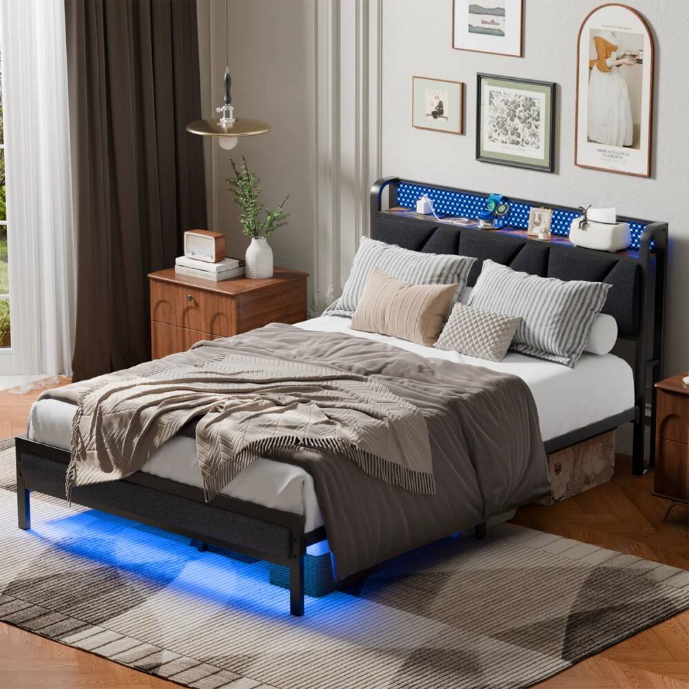 Angle. Furnulem - Platform Bed Frame Upholstered Headboard LED Lights Charging Station Heavy Duty Metal Support No Box Spring Needed - Brown.