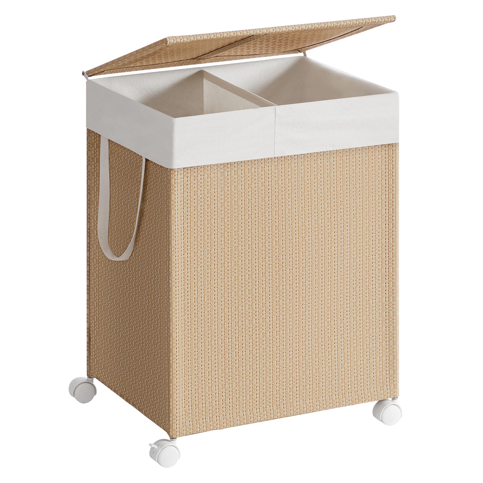 Songmics Home - Laundry Hamper with 2 Section, 100 L Large Rolling Laundry Basket with Wheels, Rattan Clothes Hamper with Lid - Natural Beige and Matte White