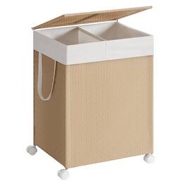 Songmics Home - Laundry Hamper with 2 Section, 100 L Large Rolling Laundry Basket with Wheels, Rattan Clothes Hamper with Lid - Natural Beige and Matte White
