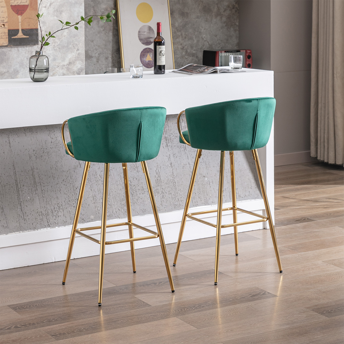 Trinkets Crazed - 26" Velvet Counter Stools Set Of 2, Luxury Bar Chair With Low Back and Gold Legs For Kitchen Island - Green